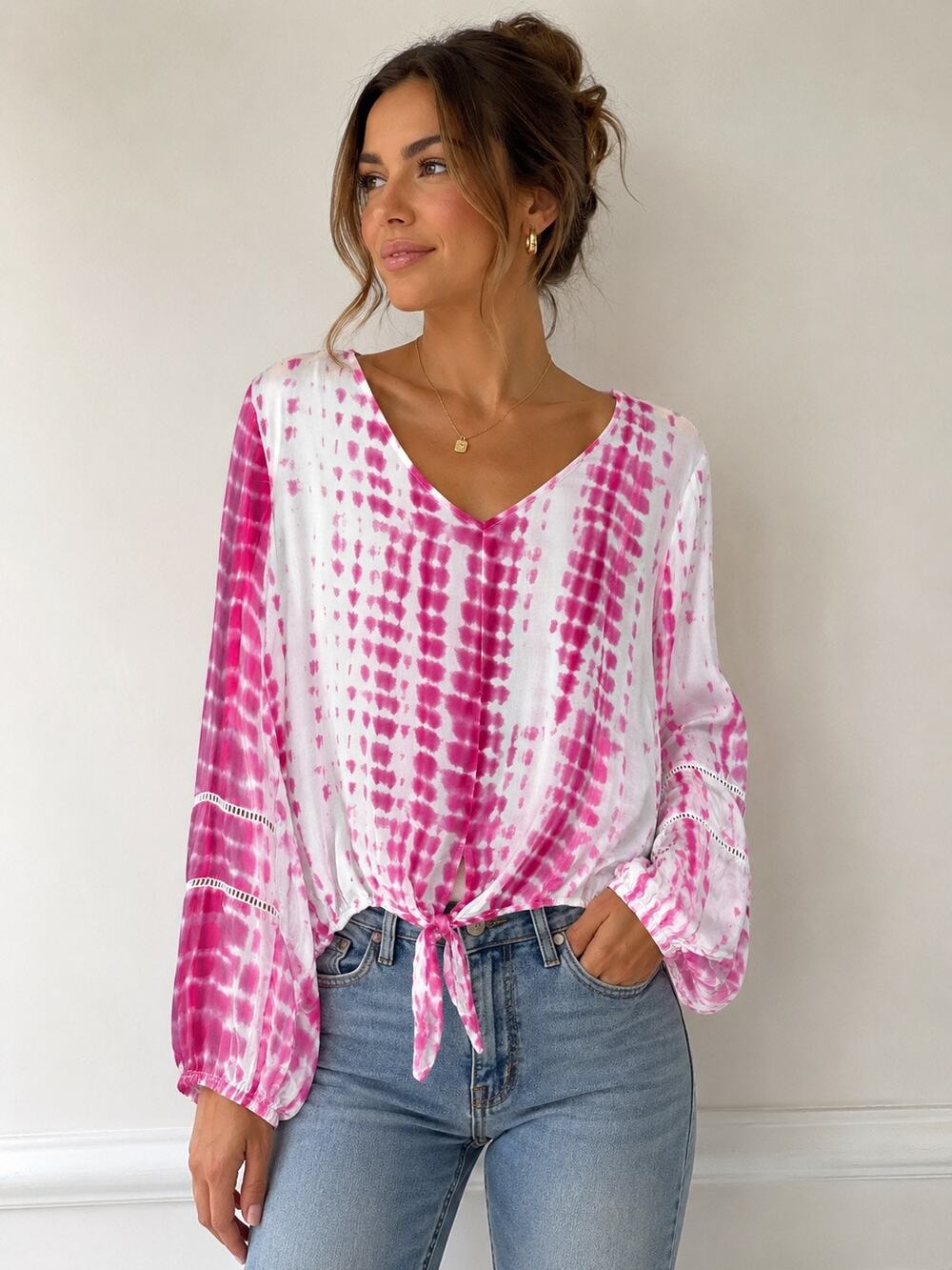 INC International Concepts Pink White Tie Dye Tie Front V-Neck Blouse XL